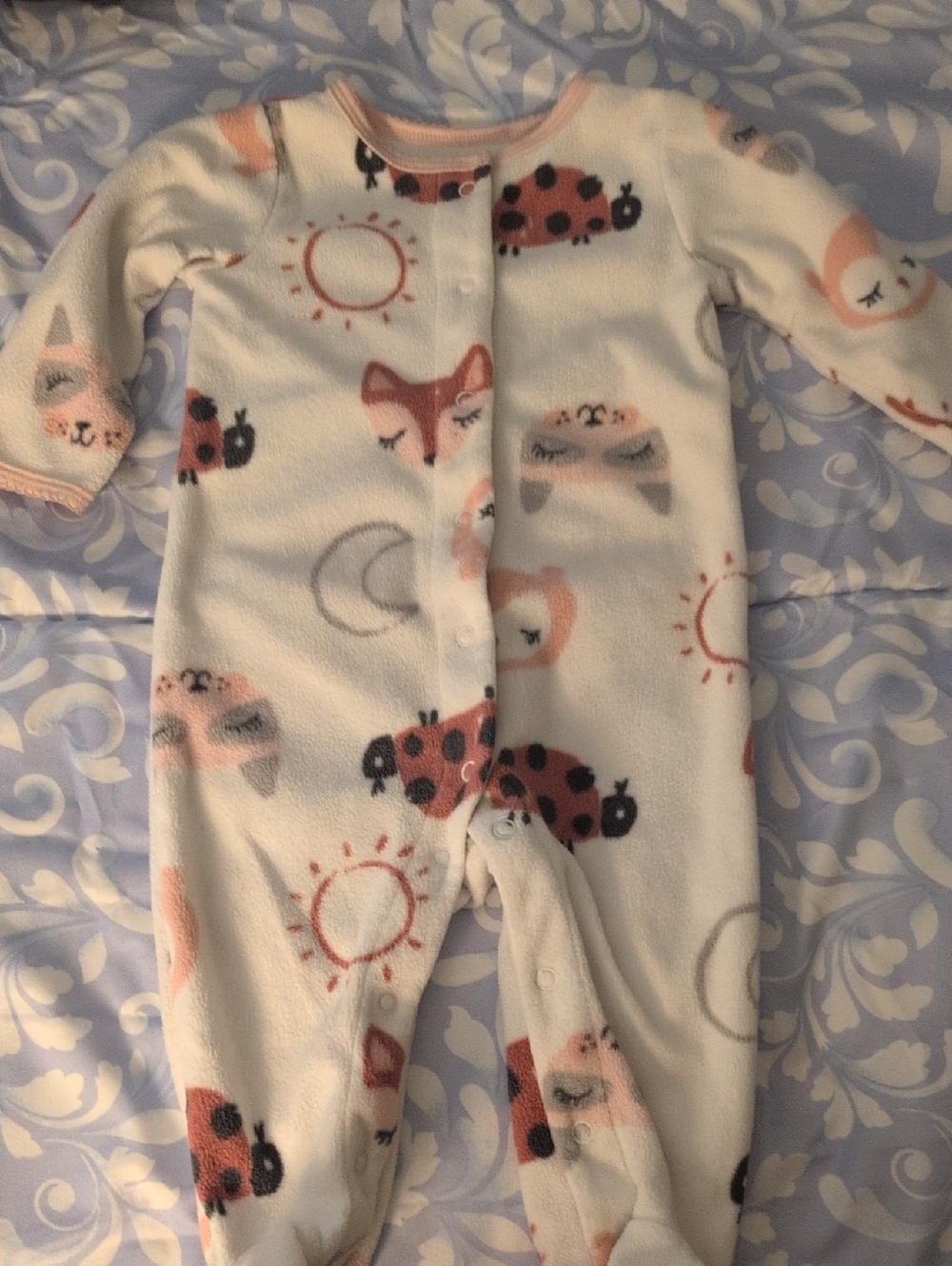 Carter's Cream Fleece Footed One-Piece with Pink Fox & Ladybug Print